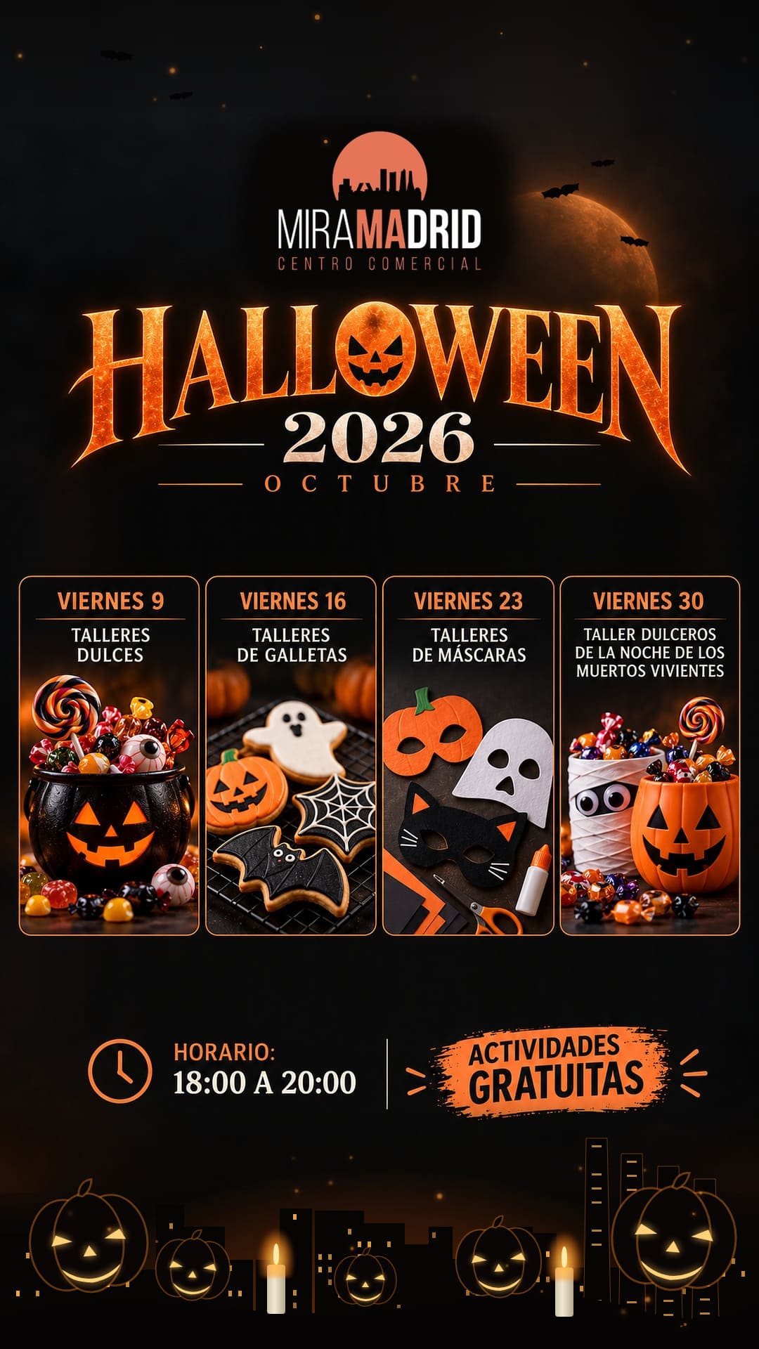 Programación de Halloween 2026 del Centro Comercial Miramadrid con talleres gratuitos los viernes de octubre.